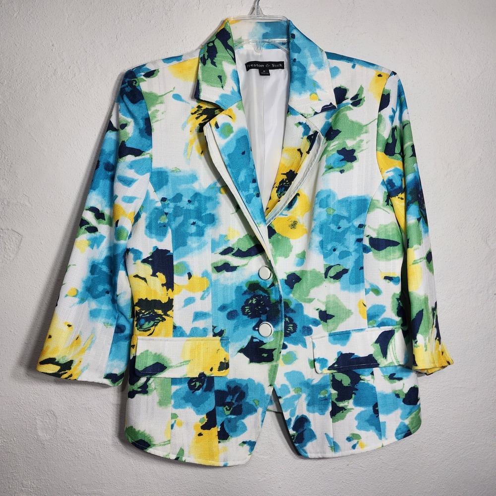 Preston &‎ York Floral Blazer 10 Polyester Blue Green Yellow Watercolor Career